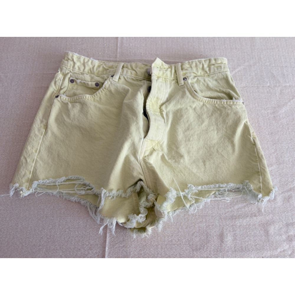 Zara Denim Shorts 12 Yellow Excellent High Rise Distressed Cut Off Button Fly